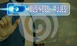 Conceptual hand writing showing Business Rules. Business photo text a specific directive that constrains or defines a business