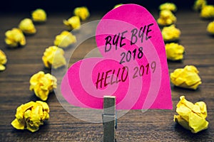Conceptual hand writing showing Bye Bye 2018 Hello 2019. Business photo text Starting new year Motivational message 2018