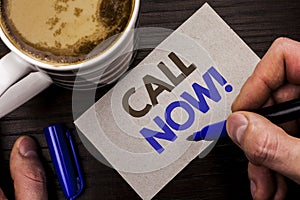 Conceptual hand writing showing Call Now. Business photo text Contact Talk Chat Hotline Support Telephony Customer Service written