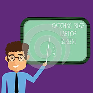 Conceptual hand writing showing Catching Bugs Laptop Screen. Business photo showcasing Computer system protection safety