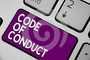 Conceptual hand writing showing Code Of Conduct. Business photo showcasing Ethics rules moral codes ethical principles values resp