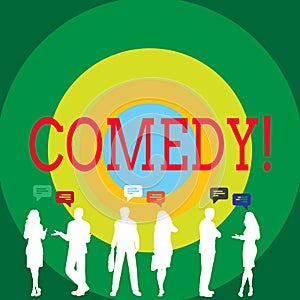 Conceptual hand writing showing Comedy. Business photo showcasing Fun Humor Satire Sitcom Hilarity Joking Entertainment photo
