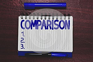 Conceptual hand writing showing Comparison. Business photo text Estimate similarities dissimilarities between two things photo