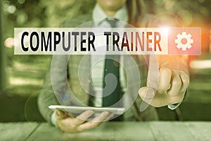 Conceptual hand writing showing Computer Trainer. Business photo showcasing instruct and help users acquire proficiency