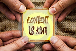 Conceptual hand writing showing Content Is King. Business photo showcasing Online Marketing Information Management With cms Or Seo