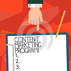 Conceptual hand writing showing Content Marketing Program. Business photo showcasing strategic method of delivering