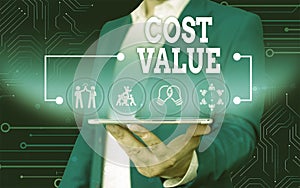 Conceptual hand writing showing Cost Value. Business photo text The amount that usualy paid for a item you buy or hiring