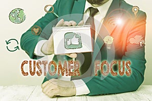 Conceptual hand writing showing Customer Focus. Business photo text orientation of an organization in serving its clients needs