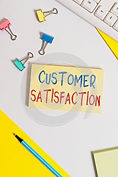 Conceptual hand writing showing Customer Satisfaction. Business photo showcasing Exceed Consumer Expectation Satisfied over