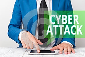 Conceptual hand writing showing Cyber Attack. Business photo showcasing An attempt by hackers to Damage Destroy a