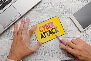 Conceptual hand writing showing Cyber Attack. Business photo showcasing An attempt by hackers to Damage Destroy a