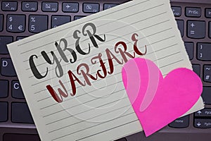 Conceptual hand writing showing Cyber Warfare. Business photo showcasing Virtual War Hackers System Attacks Digital