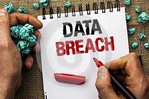 Conceptual hand writing showing Data Breach. Business photo text Stolen Cybercrime Information Hacking Security Malicious Crack wr