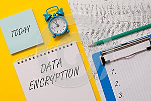 Conceptual hand writing showing Data Encryption. Business photo showcasing Symmetrickey algorithm for the encrypting