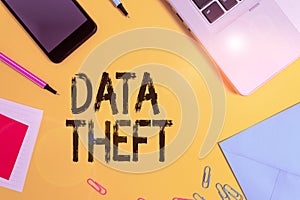 Conceptual hand writing showing Data Theft. Business photo text illegal transfer of any information that is confidential Laptop