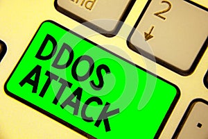 Conceptual hand writing showing Ddos Attack. Business photo showcasing perpetrator seeks to make network resource unavailable Keyb