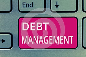Conceptual hand writing showing Debt Management. Business photo showcasing The formal agreement between a debtor and a