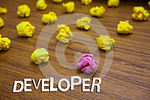 Conceptual hand writing showing Developer. Business photo showcasing demonstrating or thing that develops grows or