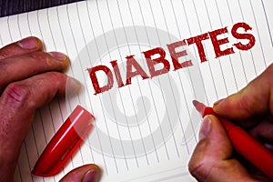 Conceptual hand writing showing Diabetes. Business photo showcasing Chronic disease associated to high levels of sugar glucose in