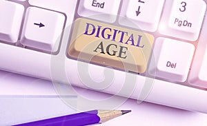Conceptual hand writing showing Digital Age. Business photo showcasing introduction of the demonstratingal computer with