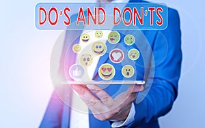 Conceptual hand writing showing Do S And Don tS. Business photo showcasing Rules or customs concerning some activity or actions