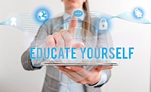 Conceptual hand writing showing Educate Yourself. Business photo text prepare oneself or someone in a particular area or