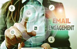 Conceptual hand writing showing Email Engagement. Business photo showcasing measure how subscribers engage in the email photo