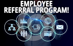 Conceptual hand writing showing Employee Referral Program. Business photo text internal recruitment method employed by