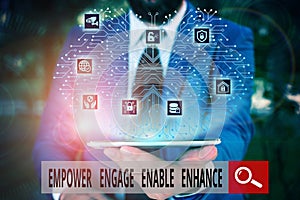 Conceptual hand writing showing Empower Engage Enable Enhance. Business photo text Empowerment Leadership Motivation