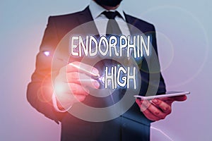 Conceptual hand writing showing Endorphin High. Business photo showcasing trigger a positive feeling in the body like that of