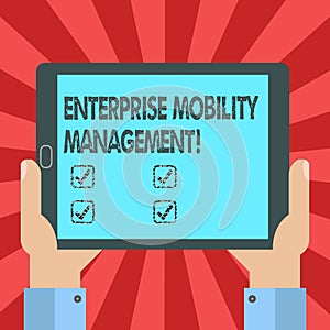 Conceptual hand writing showing Enterprise Mobility Management. Business photo text Approach use in analysisaging smartphones Hu