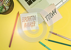 Conceptual hand writing showing Exploration Manager. Business photo text lead and operate the mining company s is
