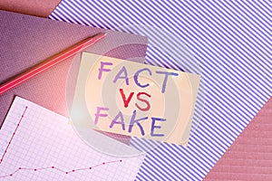 Conceptual hand writing showing Fact Vs Fake. Business photo showcasing Rivalry or products or information originaly photo