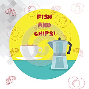 Conceptual hand writing showing Fish And Chips. Business photo text Seafood with fries typical food form United Kingdom.