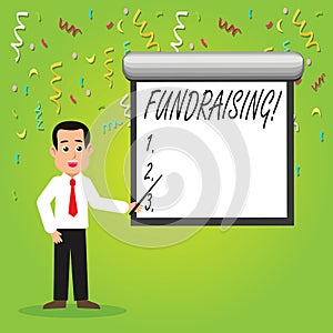 Conceptual hand writing showing Fundraising. Business photo showcasing Seeking of financial support for charity cause or