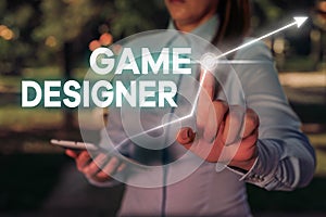 Conceptual hand writing showing Game Designer. Business photo text Campaigner Pixel Scripting Programmers Consoles 3D
