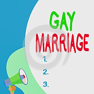 Conceptual hand writing showing Gay Marriage. Business photo text entered into in a civil or religious ceremony of the