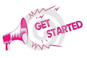 Conceptual hand writing showing Get Started. Business photo text asking someone to begin task endeavour or process right now Pink