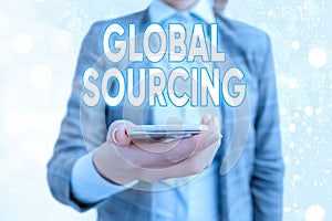 Conceptual hand writing showing Global Sourcing. Business photo showcasing practice of sourcing from the global market for goods photo