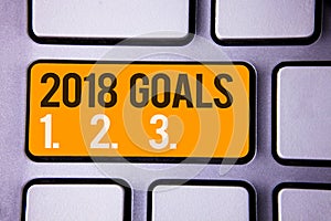 Conceptual hand writing showing 2018 Goals 1. 2. 3.. Business photo text Resolution Organize Beginnings Future Plans Gray color po