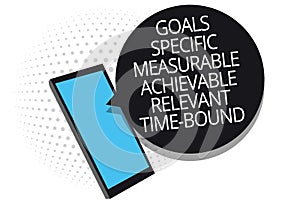 Conceptual hand writing showing Goals Specific Measurable Achievable Relevant Time Bound. Business photo showcasing Strategy Missi
