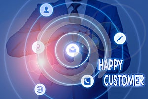 Conceptual hand writing showing Happy Customer. Business photo showcasing feeling of fulfillment that customers derive from from a