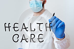 Conceptual hand writing showing Health Care. Business photo text organized provision of medical care to individuals or