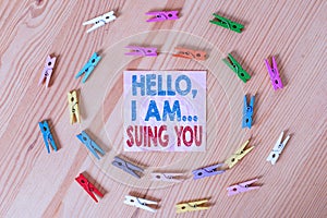 Conceptual hand writing showing Hello I Am Suing You. Business photo text create a case to accuse someone from his