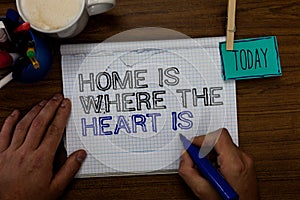 Conceptual hand writing showing Home Is When The Heart Is. Business photo showcasing Your house is where you feel comfortable and