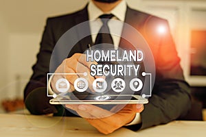 Conceptual hand writing showing Homeland Security. Business photo text federal agency designed to protect the USA against threats photo