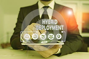 Conceptual hand writing showing Hybrid Deployment. Business photo text a combination of onpremises applications or data