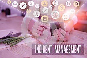 Conceptual hand writing showing Incident Management. Business photo showcasing Activities of a company to identify and