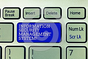 Conceptual hand writing showing Information Security Management System. Business photo showcasing IT safety secure