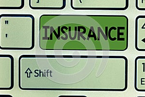 Conceptual hand writing showing Insurance. Business photo text arrangement company or state to guarantee for specified loss